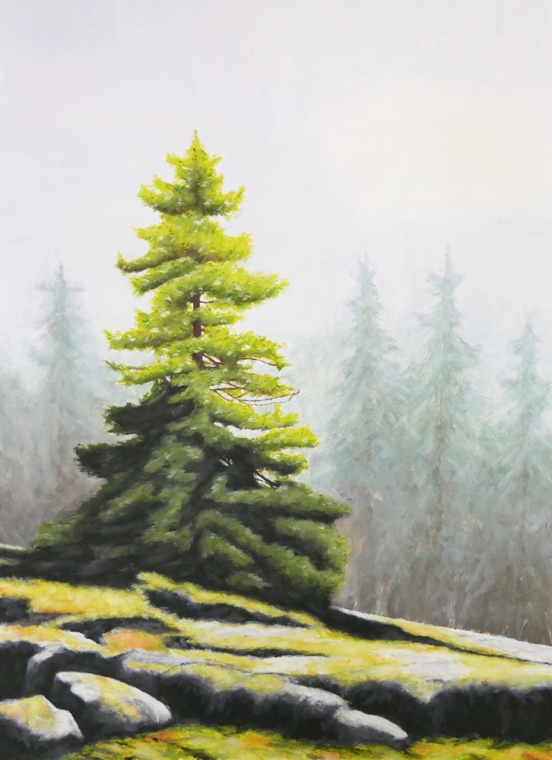 Oil painting of a deciduous tree on a misty morning