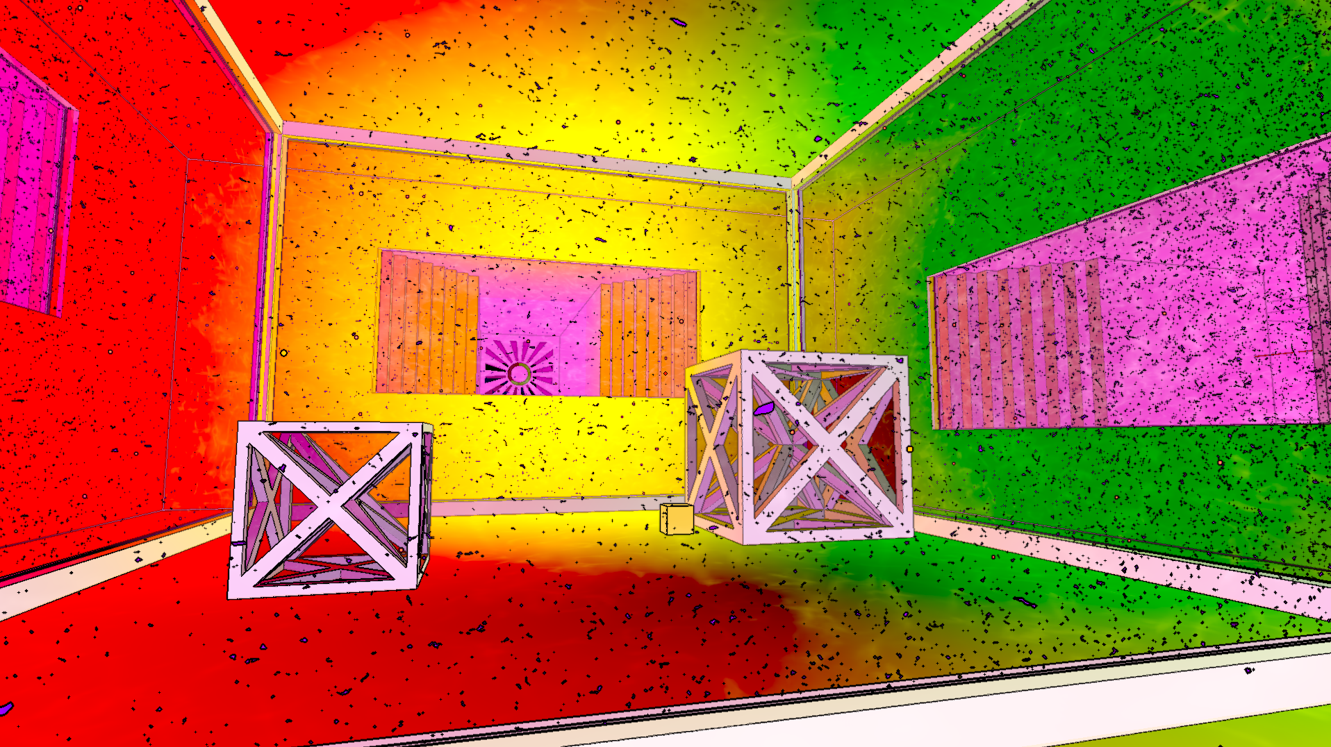 An extremely colourful room with wireframe cubes of various sizes placed within.