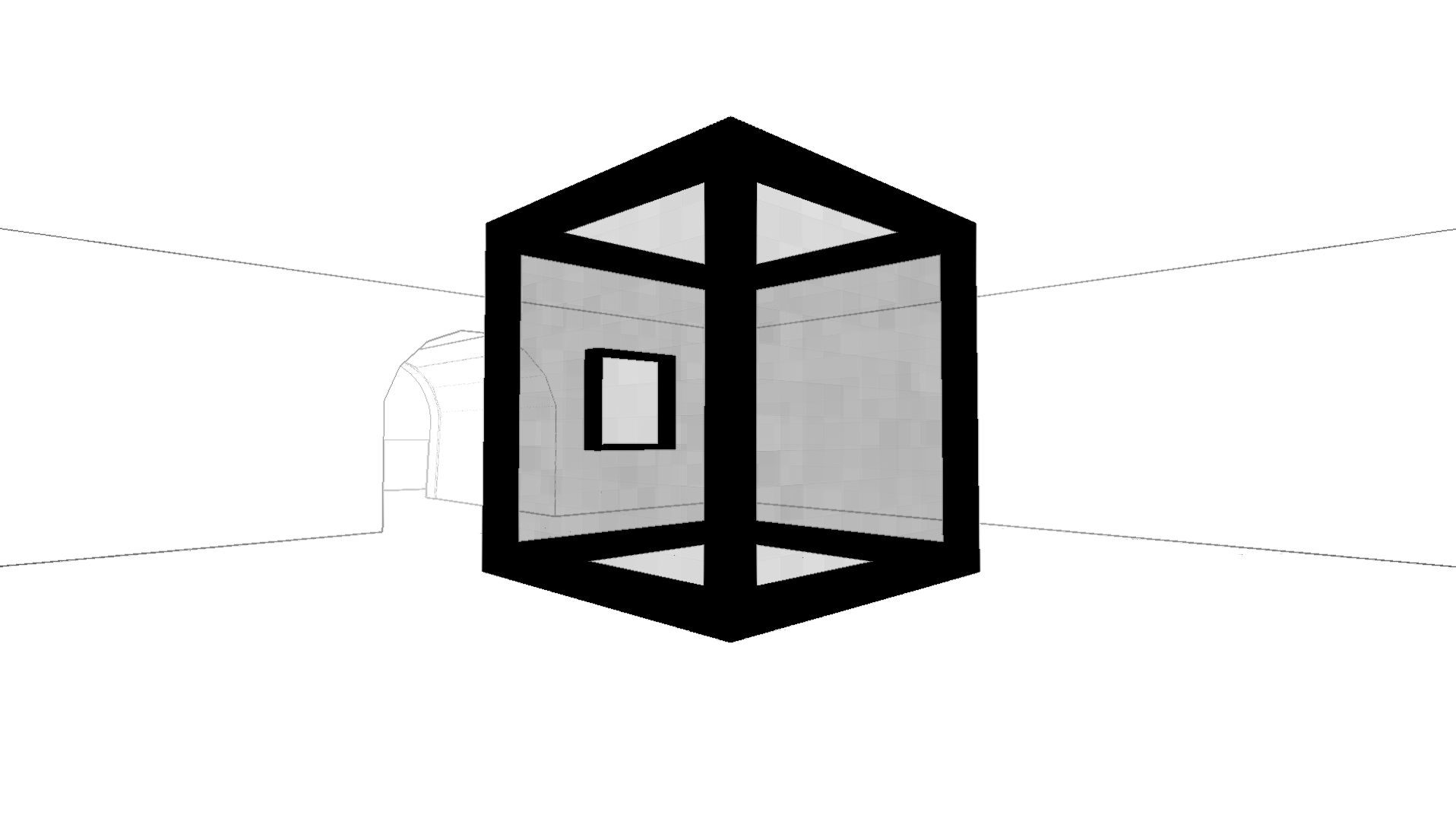 A black wireframe cube in a white rectangular room.